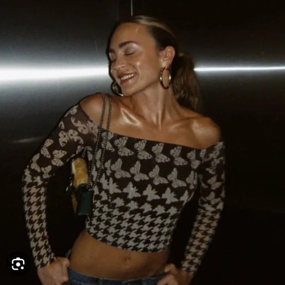 Camila Coelho | Antonina Mesh Corset Off Shoulder Top in Brown Butterfly
